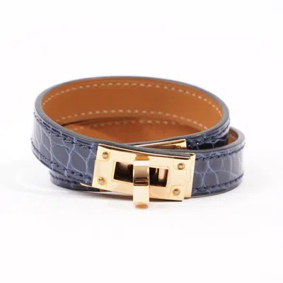 Pre-owned Hermes Kelly Double Tour Bracelet Midnight / Gold Crocodile Leather In Blue