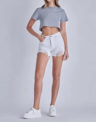 Hidden Distressed Side Slit Mom Shorts In White