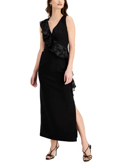 Connected Apparel Petites Womens Ruffle Split Hem Evening Dress In Black
