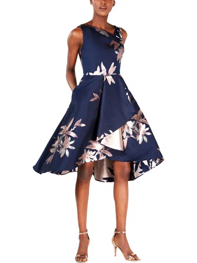 Adrianna Papell Womens Floral Print Ruffled Cocktail Dress In Blue