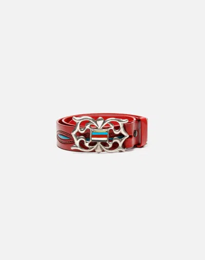Marketplace 70s Embossed Painted Belt With Sterling Zuni Buckle In Red