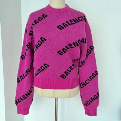 Pre-owned Balenciaga Pink Allover Logo Wool Crew Neck Sweater