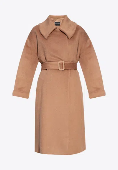 Emporio Armani Belted Long-sleeve Coat In Brown