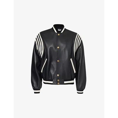 Bally Mens Black Striped-sleeve Stand-collar Regular-fit Leather Bomber Jacket