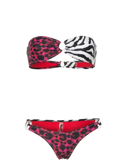 Reina Olga Bandeau Bikini With Rings Details Clothing In Red Leo & B/w Zebra