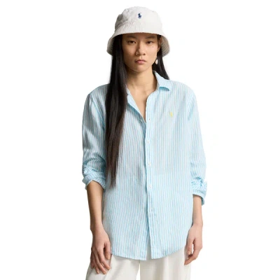 Polo Ralph Lauren Striped Linen Shirt In Turquoise White Stripe