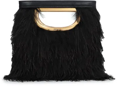 Pinko Feather Effect Logo Engraved Clutch Bag In Black