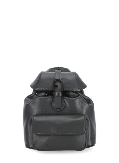 Furla Flow Foldover Top Drawstring Mini Backpack In Black