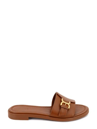 Chloé Leather Slides With Metal Detail In Brown