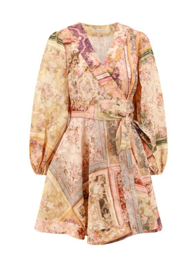 Zimmermann Floral-print Linen Wrap Mini Dress In Multicolor