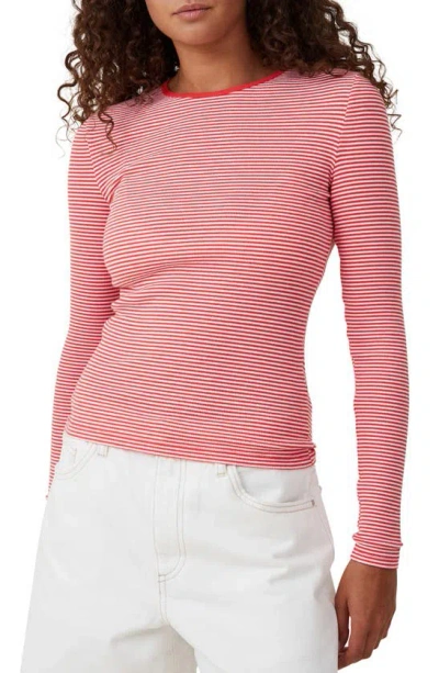 Cotton On Women's The One Rib Crew Long Sleeve Top In Mini Stripe White,fiery Red