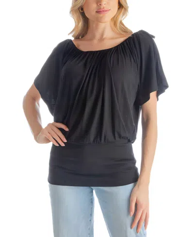 24seven Comfort Apparel Solid Color Short Sleeve Split Shoulder Top In Black