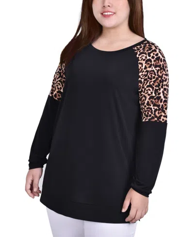 Ny Collection Petite Long Raglan Sleeve Tunic With Animal Print Insets Top In Black,brown,animal