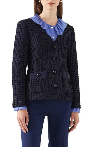 Lk Bennett Hanna Tweed-pattern Woven Jacket In Blue