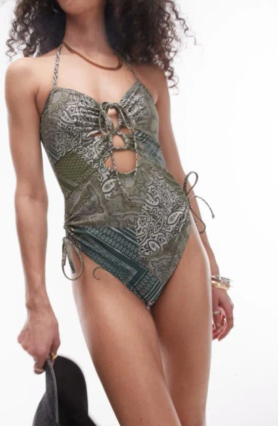 Topshop Cut Out Swimsuit In Green Paisley Print