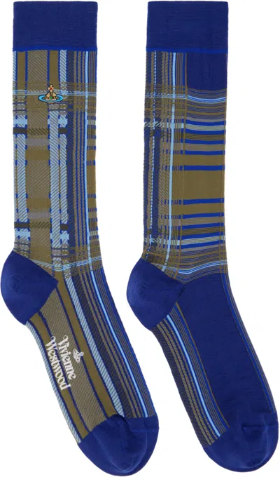 Vivienne Westwood Navy & Khaki Madras Oversize Socks In 233-k002b-k401
