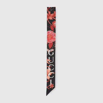 Gucci Floral Print Silk Neck Bow In Blue