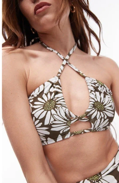 Topshop Halter Neck Bikini Top In Khaki Daisy Print-multi