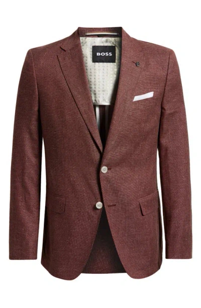 Hugo Boss Slim-fit Jacket In Patterned Virgin Wool And Linen In Light Brown