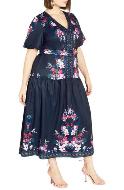 City Chic Zuri Floral Belted Midi Dress In Navy Lotte Border
