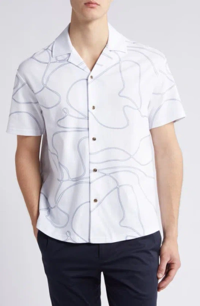 Reiss Menton Cotton Swirl Embroidered Regular Fit Button Down Camp Shirt In White/air Force