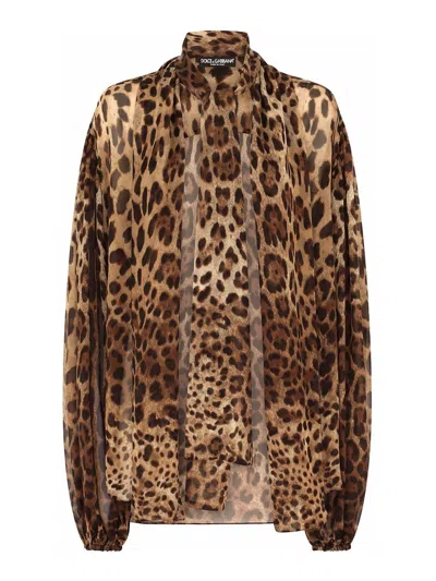 Dolce & Gabbana Leopard-print Chiffon Shirt In Beis
