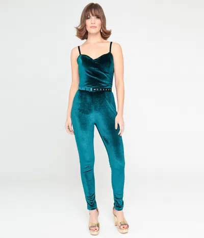 Unique Vintage 1970s Teal Velvet Jumpsuit In Blue