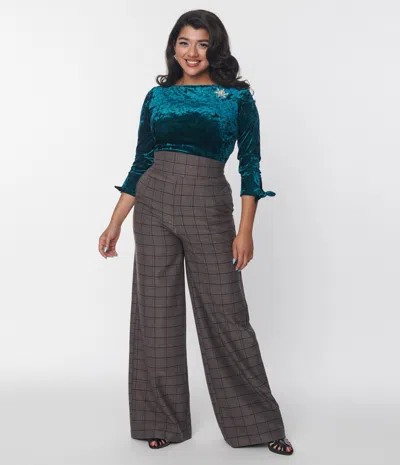 Unique Vintage 1940s Charcoal Windowpane High Waist Pants In Grey