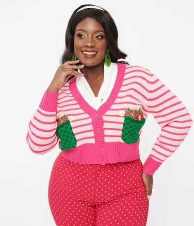Smak Parlour Plus Size 1960s Pink Stripes & Strawberry Pocket Cardigan In Multi