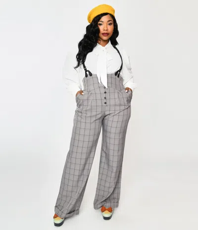 Unique Vintage Plus Size Light Grey Windowpane Thelma Suspender Pants In Multi