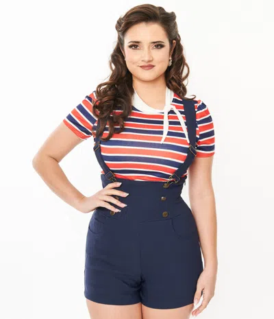 Unique Vintage Navy & Red Striped Bow Sweetie Knit Top In Multi