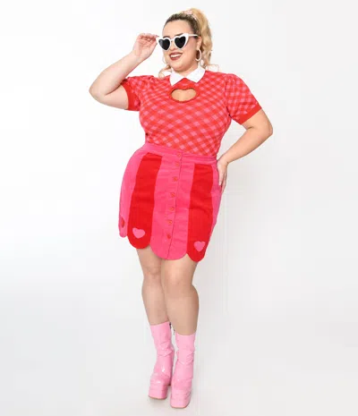 Smak Parlour Plus Size Red & Pink Love Corduroy Mini Skirt In Multi