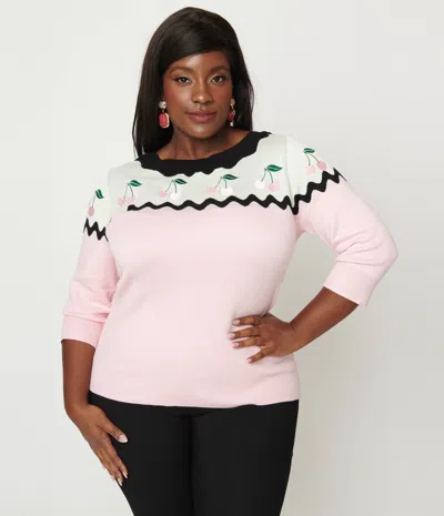 Unique Vintage Plus Size Pink & Black Cherry Sweater In Multi