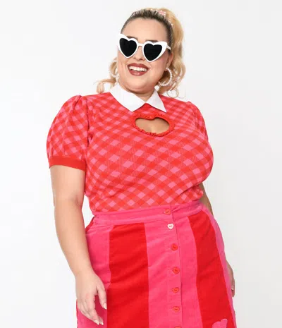 Smak Parlour Plus Size Red & Pink Bias Gingham Heart Sweater In Multi