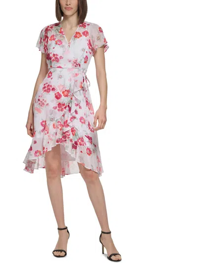 Calvin Klein Petites Womens Faux-wrap Ruffle Wrap Dress In Multi