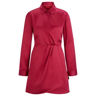 Hugo Long-sleeved Dress In Satin With Wrap Front In Pink