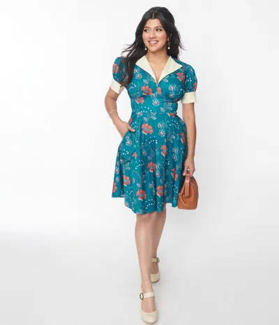 Unique Vintage 1940s Teal & Red Floral Chain Print Swing Dress In Multi
