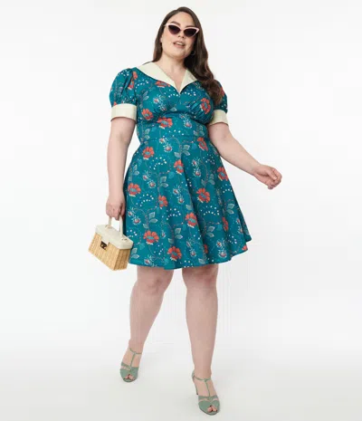 Unique Vintage Plus Size 1940s Teal & Red Floral Chain Print Swing Dress In Multi