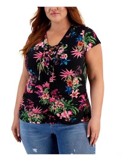 Inc Plus Womens Lace-up Floral Print Blouse In Multi