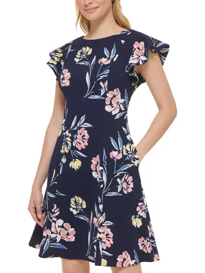 Jessica Howard Womens Mini Floral Print Fit & Flare Dress In Blue