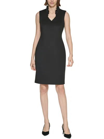 Calvin Klein Womens Ruffled V-neck Knee-length Wear To Work Dress In Black