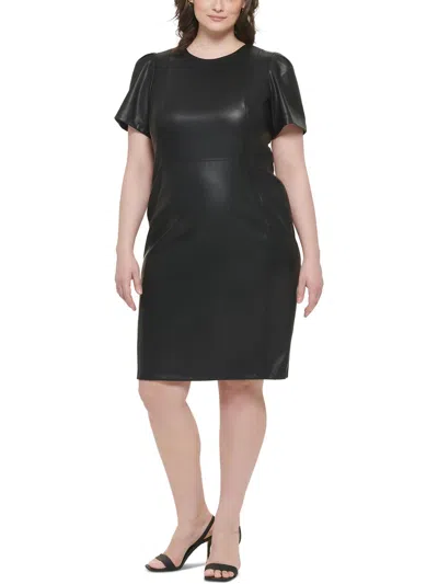 Calvin Klein Plus Womens Faux Leather Knee-length Sheath Dress In Black
