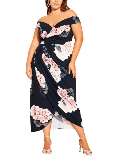 City Chic Plus Womens Floral Print Midi Wrap Dress In Multi