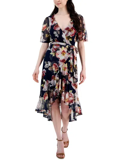 Connected Apparel Womens Floral Print Asymmetrical Wrap Dress In Blue