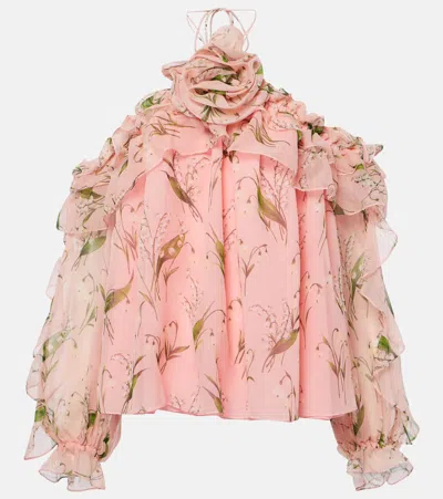 Carolina Herrera Floral Halterneck Silk Blouse In Pink