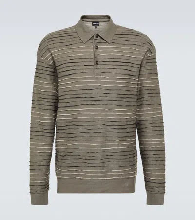 Giorgio Armani Intarsia Linen-blend Polo Sweater In Gray