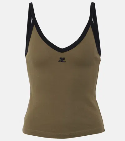 Courrèges Logo Cotton Jersey Tank Top In Camouflage Green/black