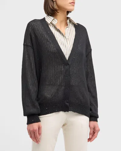 Brunello Cucinelli Silk Linen Cropped Cardigan With Paillette Detail In Cj101 Black