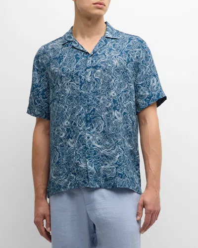 Frescobol Carioca Men's Topo Roberto Linen Topo-print Camp Shirt In 756 Perennial Blue
