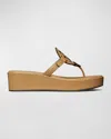 Tory Burch Miller Leather Logo Wedge Thong Sandals In Ginger Shortbread